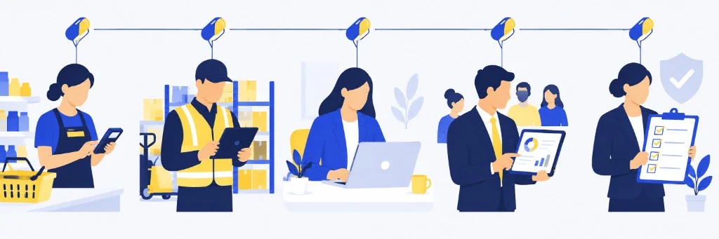 Cinco perfiles de trabajo —tienda, almacén, oficina, mando y cumplimiento— unidos por una píldora de microlearning.